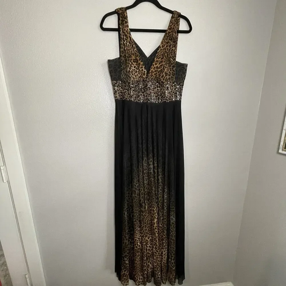 ALBERTO MAKALI 90s Y2K Brown Leopard Print Goddess Gown Sz 12 Dress Beaded
